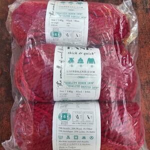 Lion Brand Thick & Quick Yarn 3 Skeins Bulky (6) Poinsettia Red with Gold